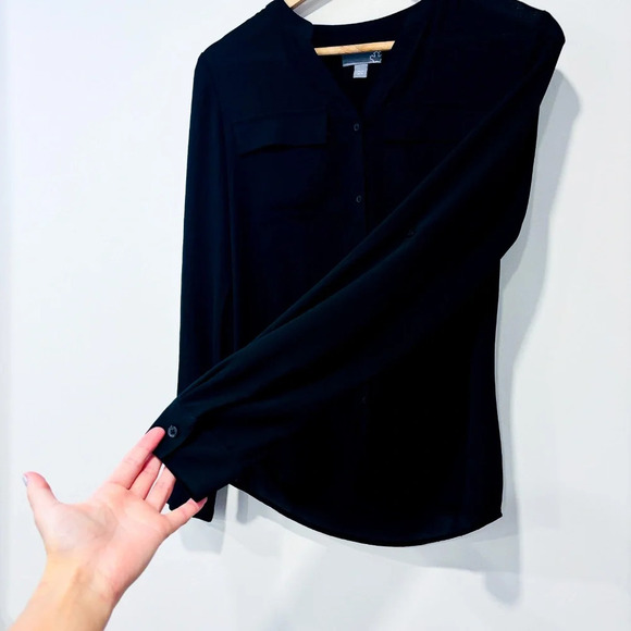SEARS – Black sheer long-sleeve blouse | Button-down top - Picture 7 of 8